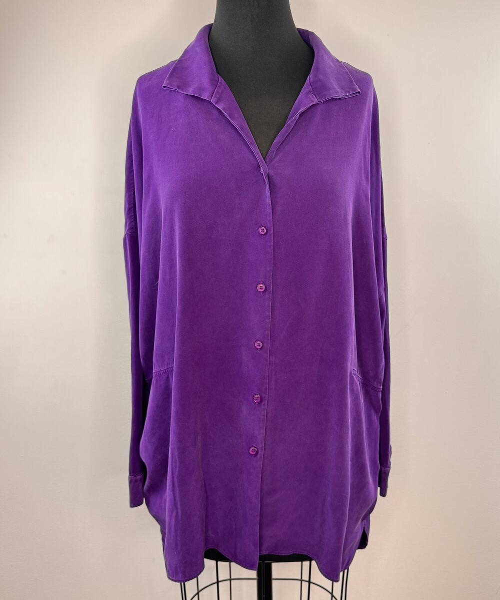 Lafayette 148 Purple Blouse Silk Pockets Collared Drop Shoulder Button-Up Sz XL